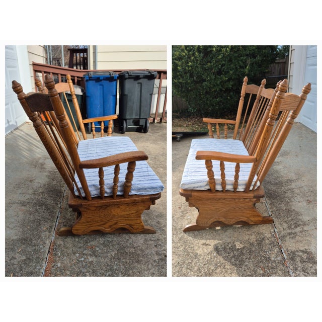 Wood 1990s American Oak Windsor Style 2-Person Double Glider Rocking Bench For Sale - Image 7 of 12