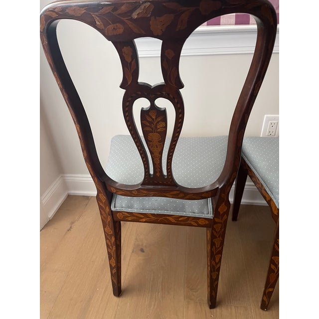 Pair of Antique Marquetry Side Chairs With Elaborate Floral Decorations For Sale - Image 9 of 10
