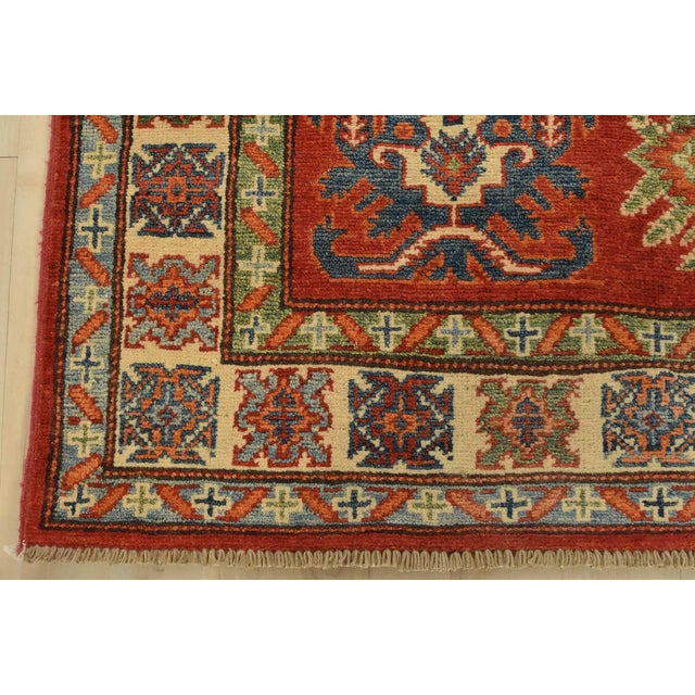 Kazak Rug 3’11” X 5’3” Red Wool Tribal Hand-Knotted Oriental Carpet For Sale - Image 9 of 12