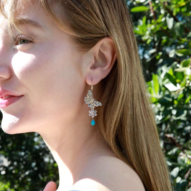 Metal Nina Zhou Butterfly Blossoms 8.68ctw Aquamarine, Moonstone, Turquoise & Diamond Convertible Drop Earrings For Sale - Image 7 of 10