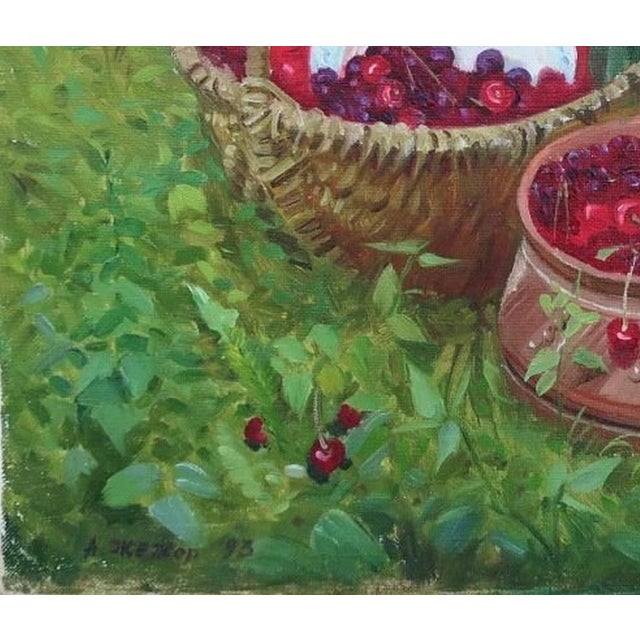 1990s Vintage Still Life Oil Painting: Cherries, Basket, Ukrainian Art 60-70 For Sale - Image 5 of 6