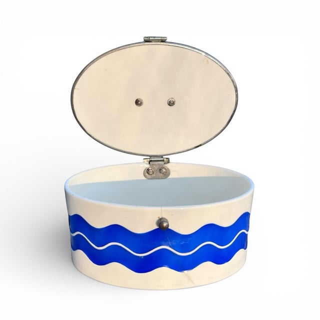 Mid-Century Modern Vintage Blue and White Porcelain and Enamel Biscuit Barrel For Sale - Image 3 of 11