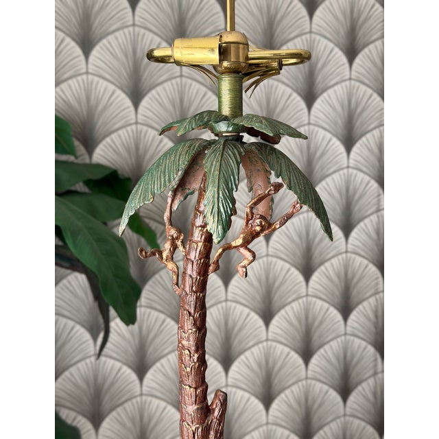 Vintage Tropical Tiki Jungle Safari Banana Palm Tree and Monkey Metal Table Lamp Attributed to Frederick Cooper...
