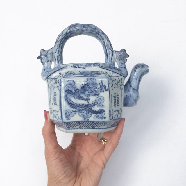 Blue and White Canton Chinese Export Porcelain Teapot With Top Handle