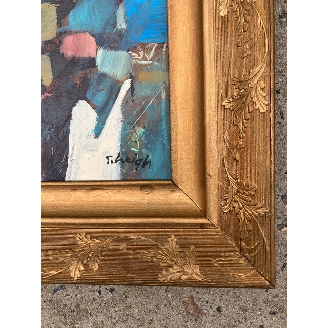 Original approx 8 x 10 painting on artist board signed bottom right Overall size with painted gold vintage frame is...