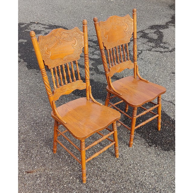 Mid 20th Century Mid 20th Century Vintage Solid Wood Carved Pressed Back Dining Chairs, Set of 2 For Sale - Image 5 of 8