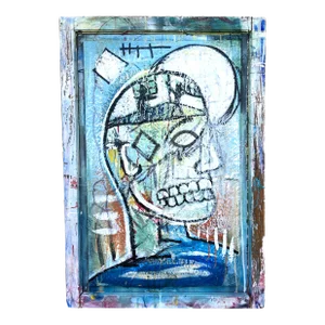 1990s Contemporary Outsider Tramp Art Portrait of a Man Skull in the Style of Jean Michel Basquiat