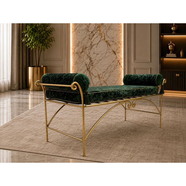 Vintage emerald green upholstered bench with a decorative gold-tone metal frame, acquired at auction as an older piece....