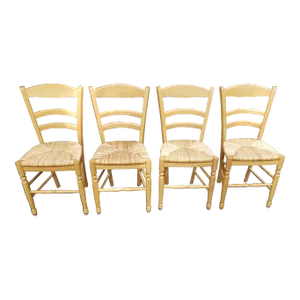 Late 20th Century Antique Italian Country Style Ladder Back Rush Dining Chairs - Set of 4