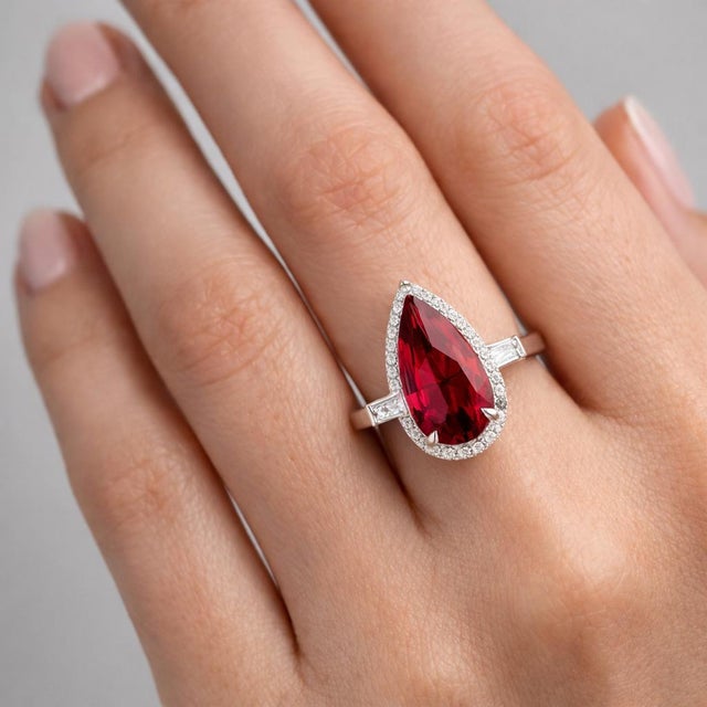 18k White Gold 5.33 Carat Weight Rubelite & Diamond Halo Ring, Size 7.75 For Sale - Image 9 of 12