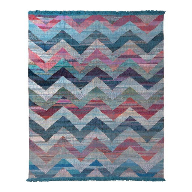 Modern Geometric Wool Kilim Blue Multicolor Chevron Pattern by Rug & Kilim For Sale