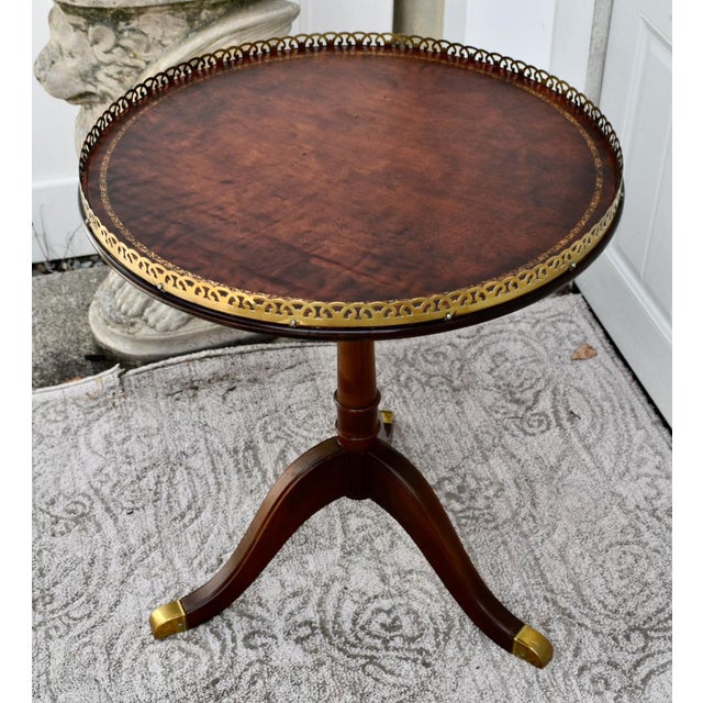 Wood Vintage Ferguson Petite Leather Top Mahogany Table W/Brass Gallery/Tri-Pod Base For Sale - Image 7 of 13
