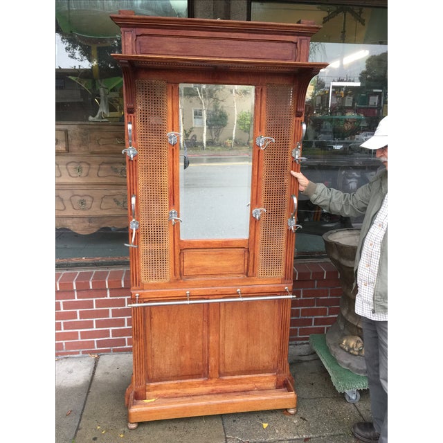 English Oak Hall Tree Coat Rack With Cane and Mirror Chairish