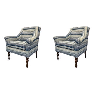 Blue Stripe Chairs With Turned Legs - Pair. For Sale