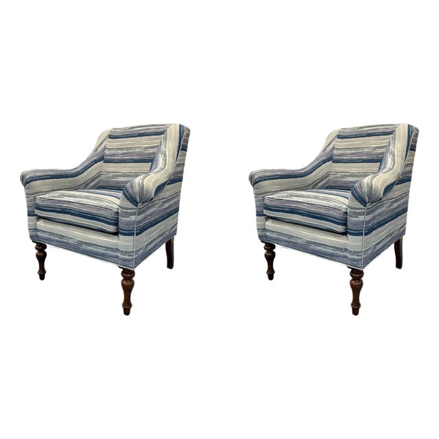 Blue Stripe Chairs With Turned Legs - Pair. For Sale