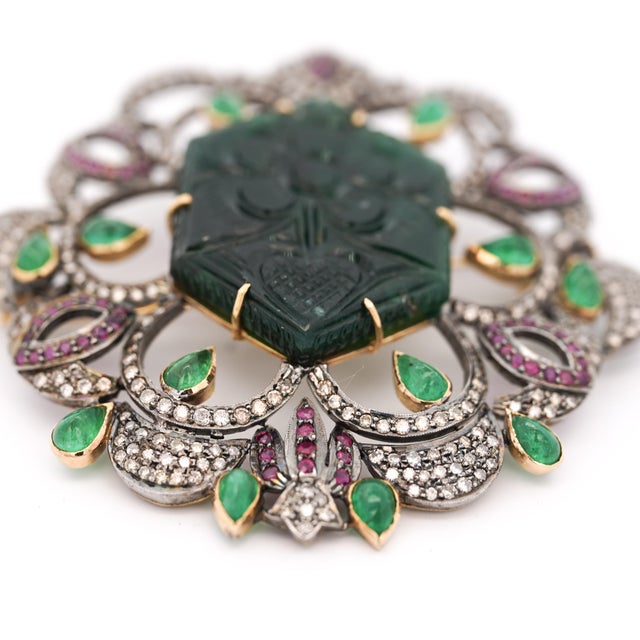 Victorian Antique Victorian Carved Jade, Emerald, Ruby, Diamond Gold Pendant or Brooch For Sale - Image 3 of 6