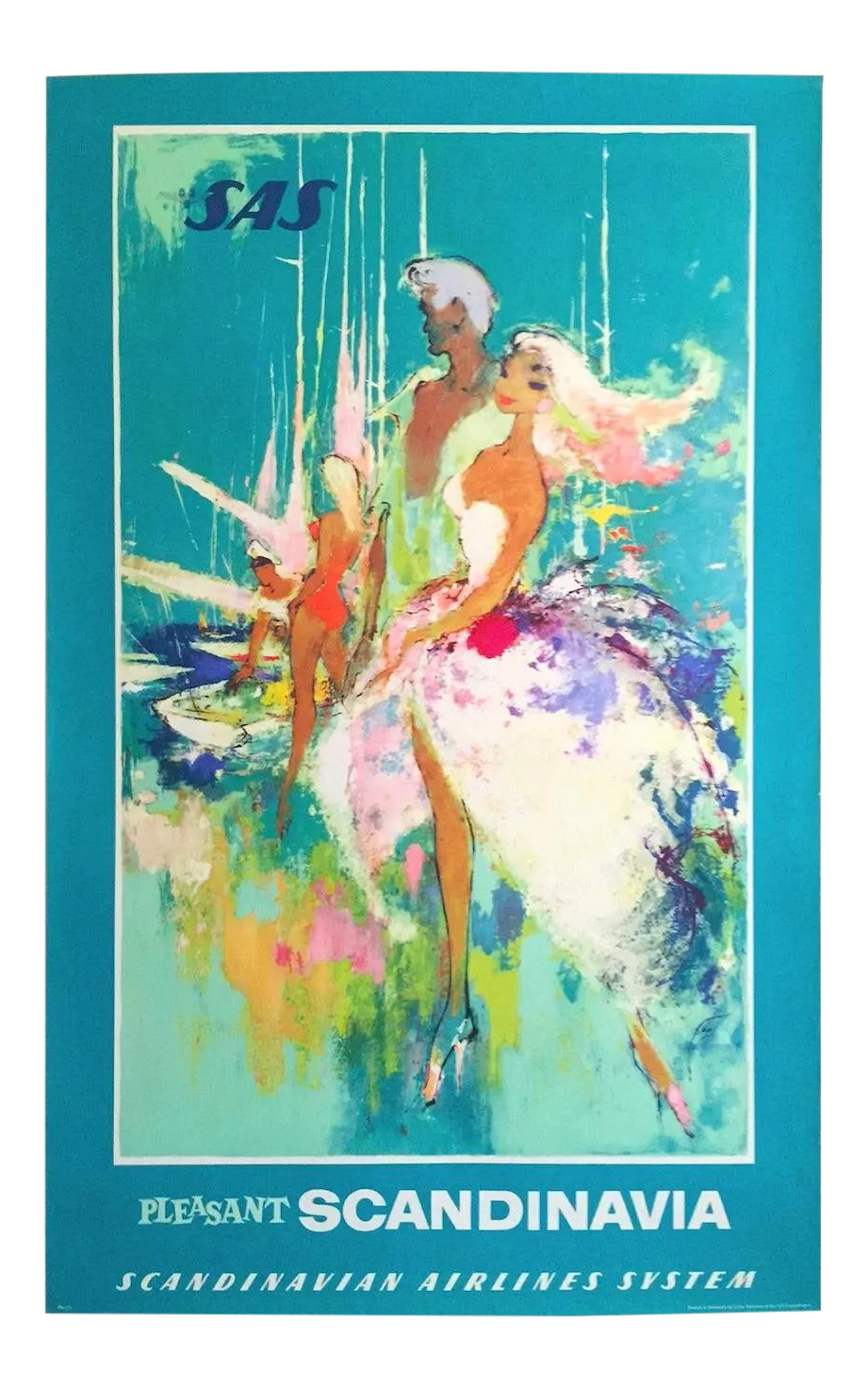 Scandinavian Arlines Vintage 1960 Mid Century Modern Lithograph