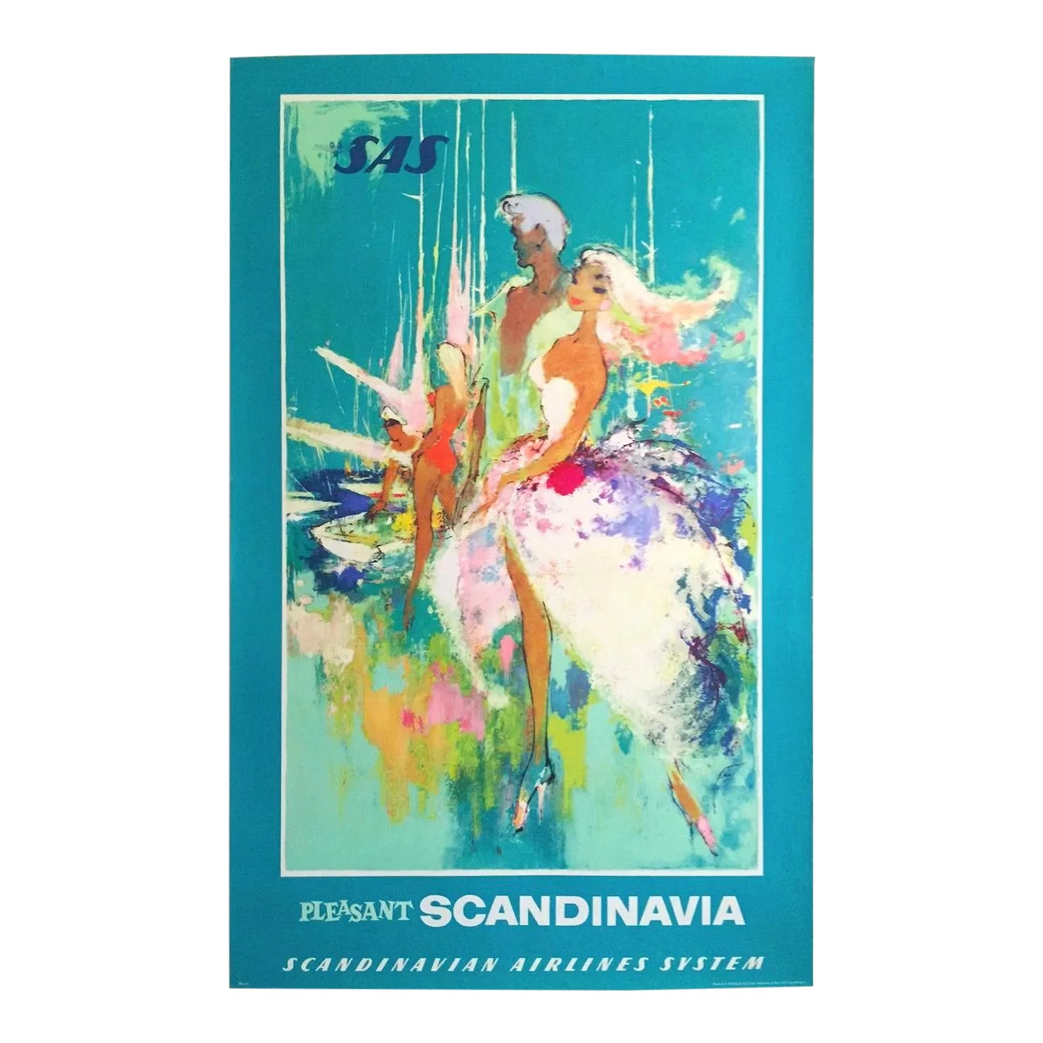 Scandinavian Arlines Vintage 1960 Mid Century Modern Lithograph