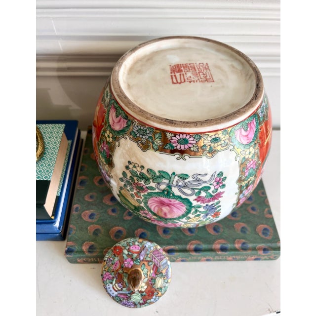 Pair of Vintage Rose Medallion Covered Melon Jars With Brass Finials For Sale - Image 4 of 6