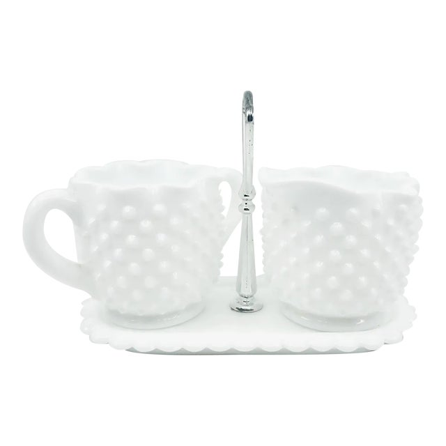 Mid 20th Century Hobnail Ruffled Edge Fenton Cream and Sugar Set With Caddy- 3 Pieces For Sale