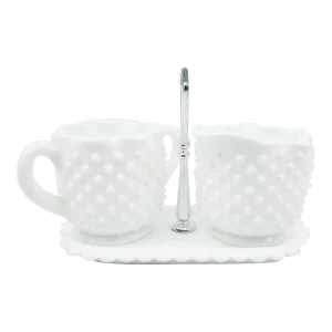 Mid 20th Century Hobnail Ruffled Edge Fenton Cream and Sugar Set With Caddy- 3 Pieces