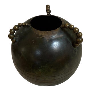 Sculptural Italian Patinated Brass Vase With Beaded Handles, 1970s For Sale