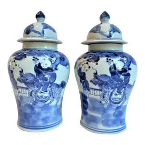 Chinoiserie Small Temple Jars With Children on Dragons - a Pair