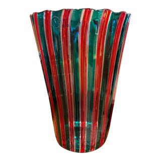 Vintage Gio Ponti for Venini Red and Green "A Cane" Glass Vase Murano Italy c.2002 For Sale