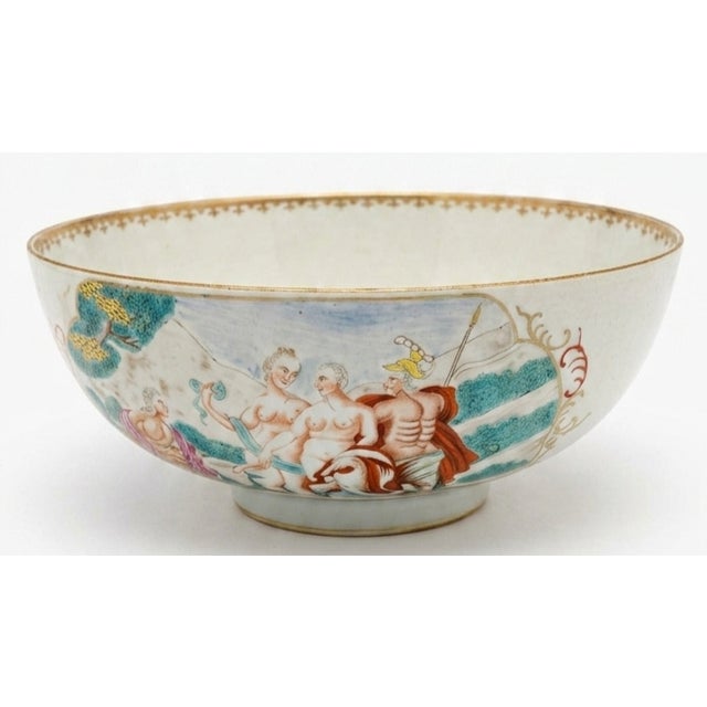 18th Century Chinese Export Famille Rose "Judgement of Paris" Punchbowl has measurements of approximately 11.25"x11.25"x4.5"