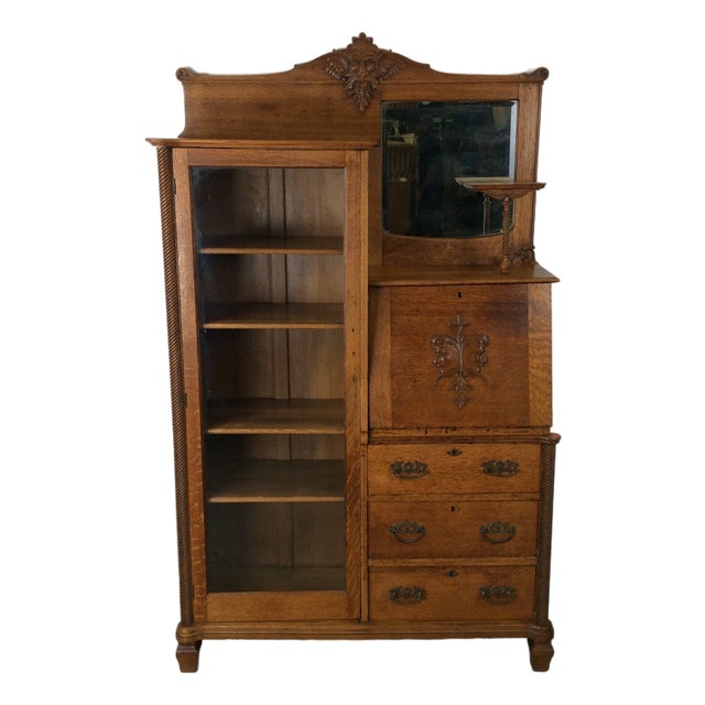 Antique Oak Side by Side With Drop Front Writing Desk and Adjustable Shelves For Sale