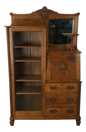 Antique Oak Side by Side With Drop Front Writing Desk and Adjustable Shelves