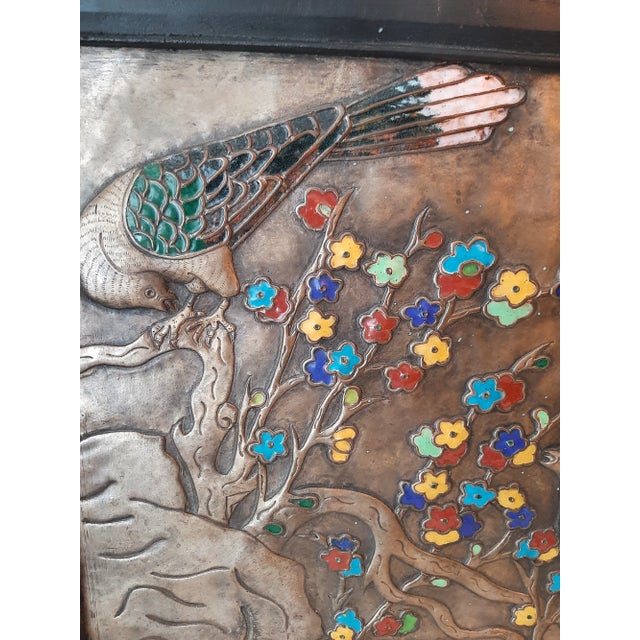 Vintage Pair of Asian Enamel on Metal Birl Floral Wall Art For Sale - Image 11 of 13