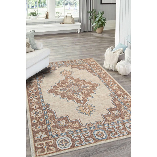 Ecru 6x9 Ivory Hand-Knotted Wool Framed Medallion Geometric Modern Carpet Rug For Sale - Image 8 of 9