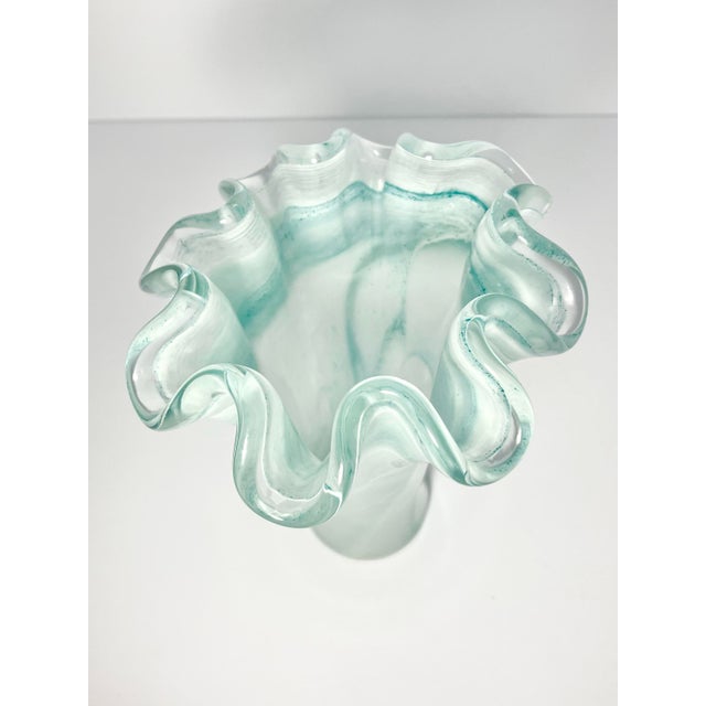 2010s Contemporary Murano-Style Italian Sea Green Blue Ruffled Swirl Tall Vase For Sale - Image 5 of 8