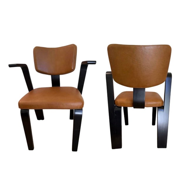 1950s Set of 6 Mid-Century “Thonet” Ebony Wood Arm Chairs in Brown Upholstery For Sale - Image 5 of 6