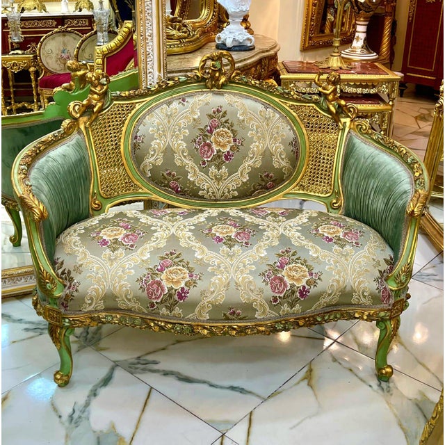 Luxury French Louis XV Loveseat With Sage Green Velvet, Floral Damask & Hand-Gilded Cherub Frame For Sale - Image 4 of 4