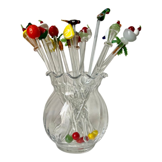 Vintage Blown-Glass Swizzle Sticks-Fruit, Birds-Set 18 For Sale