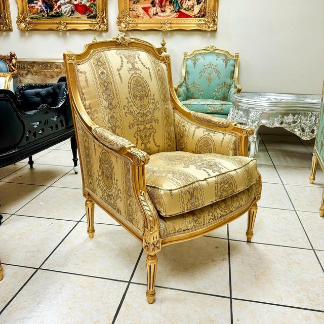 French Style Gold-Tone Bergere Chair For Sale In Miami - Image 6 of 7