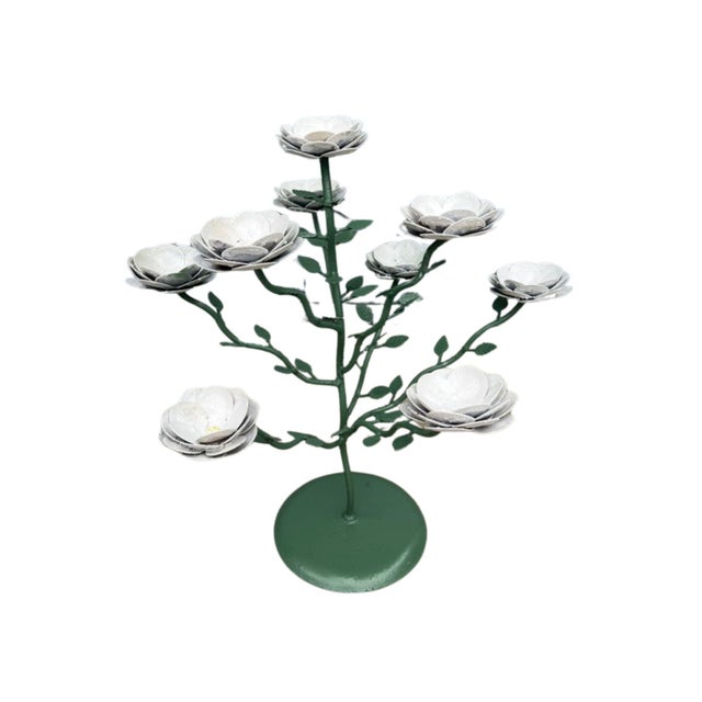 Metal Hand-Painted, Metal Flower Sculpture With White Blossoms on Round Stand For Sale - Image 7 of 7