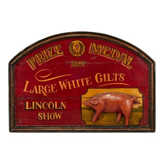 Vintage 20th Century Hand Painted Trade Wood Sign With Plaster Pig For Sale