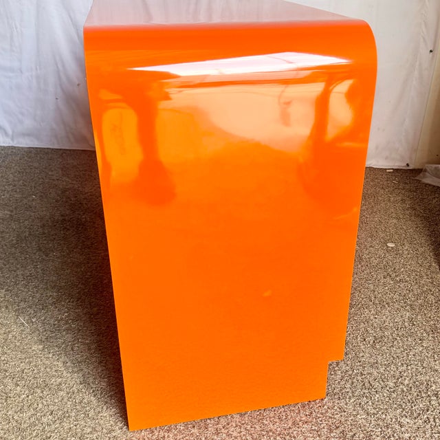 Wood Postmodern Tangerine Orange Lacquer Laminate Waterfall Desk For Sale - Image 7 of 10