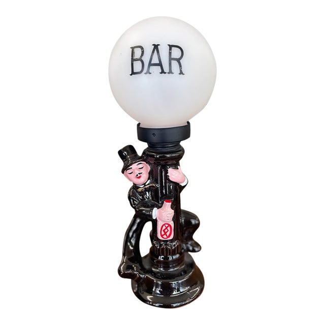 Mid 20th Century American Novelty Bar Lamp With Ceramic Drunk Man and Frosted Globe Shade For Sale