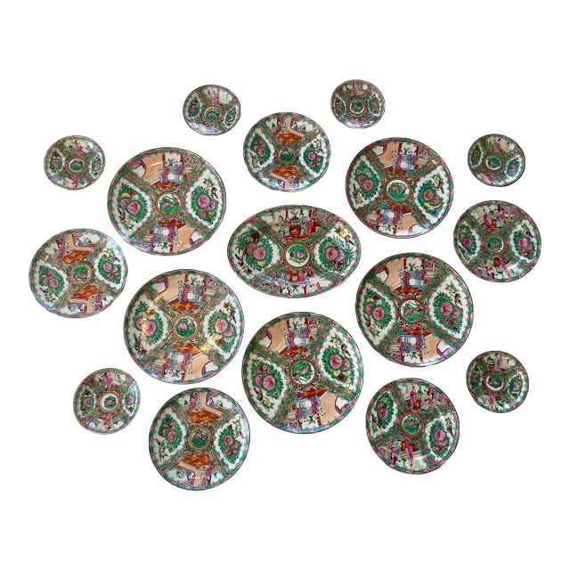 Antique Famille Rose Medallion Plates- 17 Piece Set For Sale