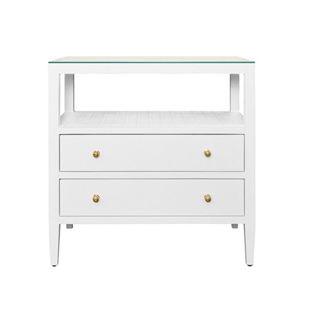 Matthew Izzo Home Douglas Textured White Linen Two Drawer Side Table With One Open Shelf, Glass Top and Polished Brass Knobs For Sale In New York - Image 6 of 6