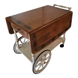 1970s Ethan Allen Hitchcock Style White Hand Painted Drop Leaf Accent Bar Cart For Sale