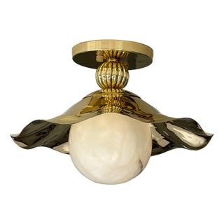 Wavy Brass Flush Mount Light With Alabaster Globe For Sale