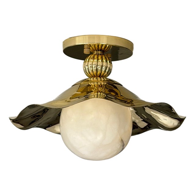 Wavy Brass Flush Mount Light With Alabaster Globe For Sale