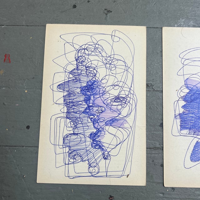 Set of three contemporary original Wayne Cunningham abstract pen and ink drawings on vintage card paper. Each measure...