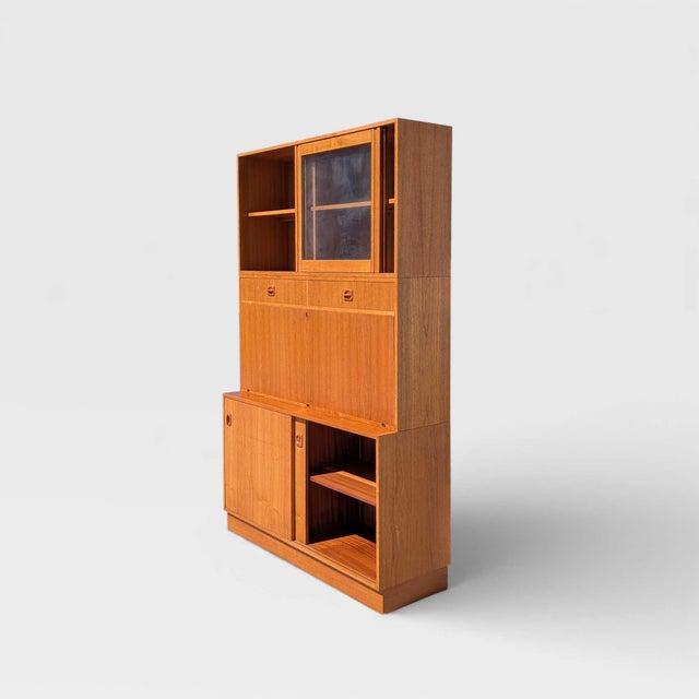 Late 20th Century Mid-Century Teak Bookcase With Drop-Front Desk and Lighting, Mid-Century Modern For Sale - Image 5 of 18