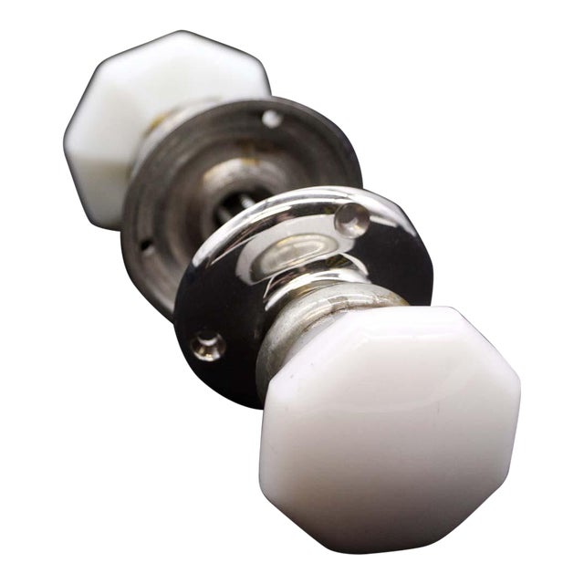 Vintage Octagon White Milk Glass & Nickeled Brass Door Knob Set For Sale